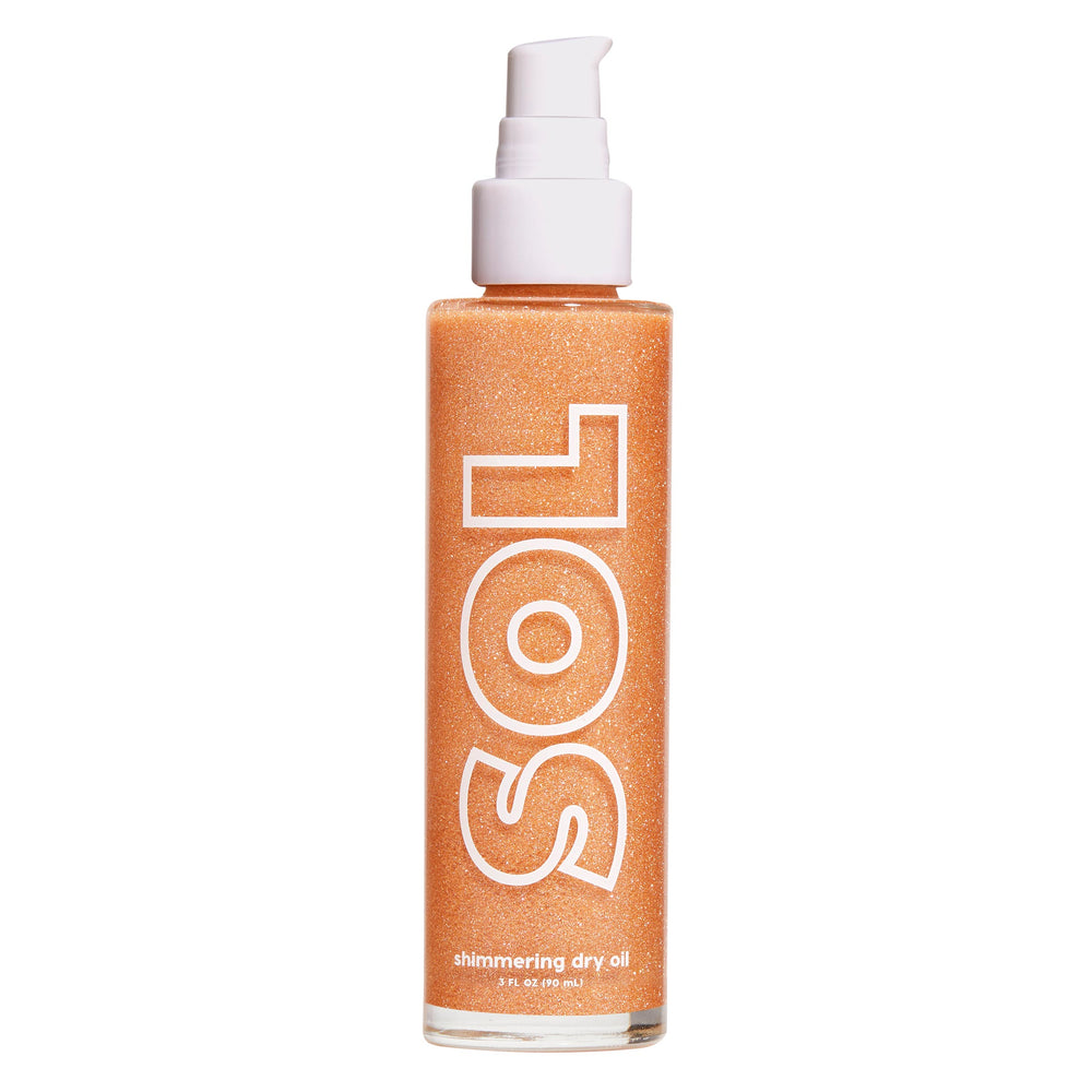 Warm Gold ColourPop SOL Shimmering Dry Oil standing upright in a clear rectangular bottle with a white pump and bold SOL logo, coppery-gold shimmer suspended inside, 3 fl oz, on a clean white studio background.