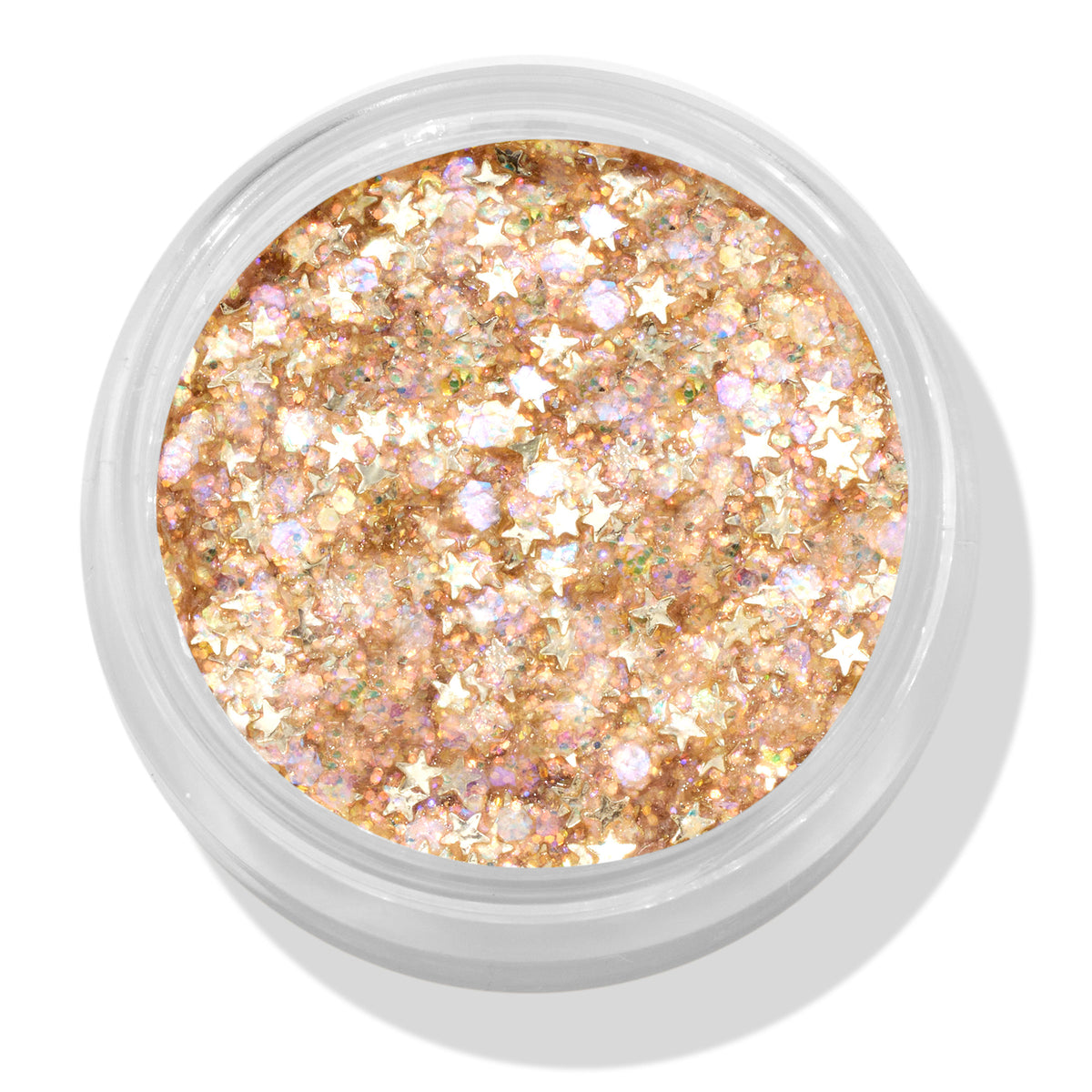 Open jar of ColourPop Glitter Gel, Spinner shade, displaying dense champagne-gold glitter with iridescent flecks and tiny gold star sequins in a clear round pot, viewed top-down on a white background.