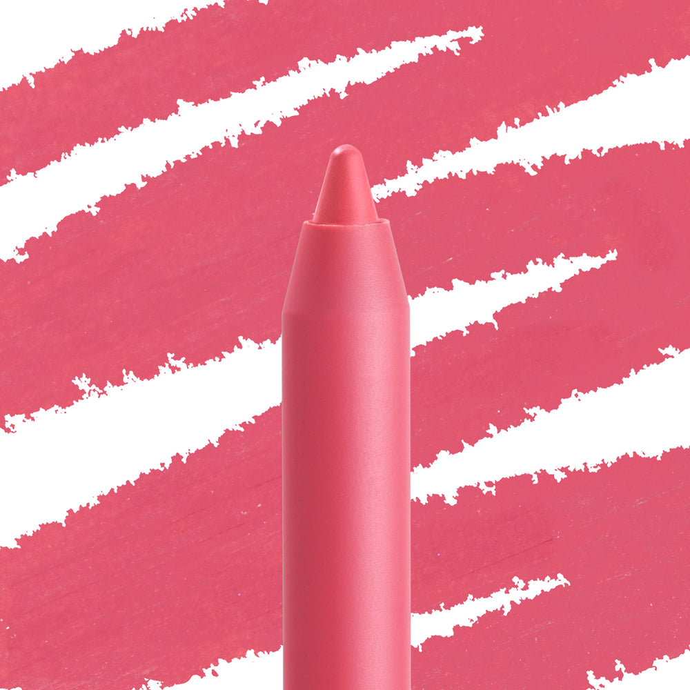 Starship ColourPop Lippie Pencil showcasing a creamy coral‑pink tip, standing upright as bold diagonal swatches streak the background in the same shade, highlighting precise lip lining and smooth pigment for everyday wear.