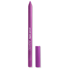 TBH ColourPop Lippie Pencil standing uncapped, showing a vivid purple lip liner tip and glossy matching barrel, with the cap placed beside it on a clean white background.