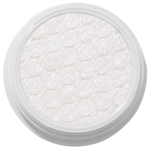 ColourPop Super Shock Shadow Tassel, a shimmering icy white cream-to-powder eyeshadow catching light across its quilt-textured pan inside a white round pot, shown in a crisp studio close-up on a white background.