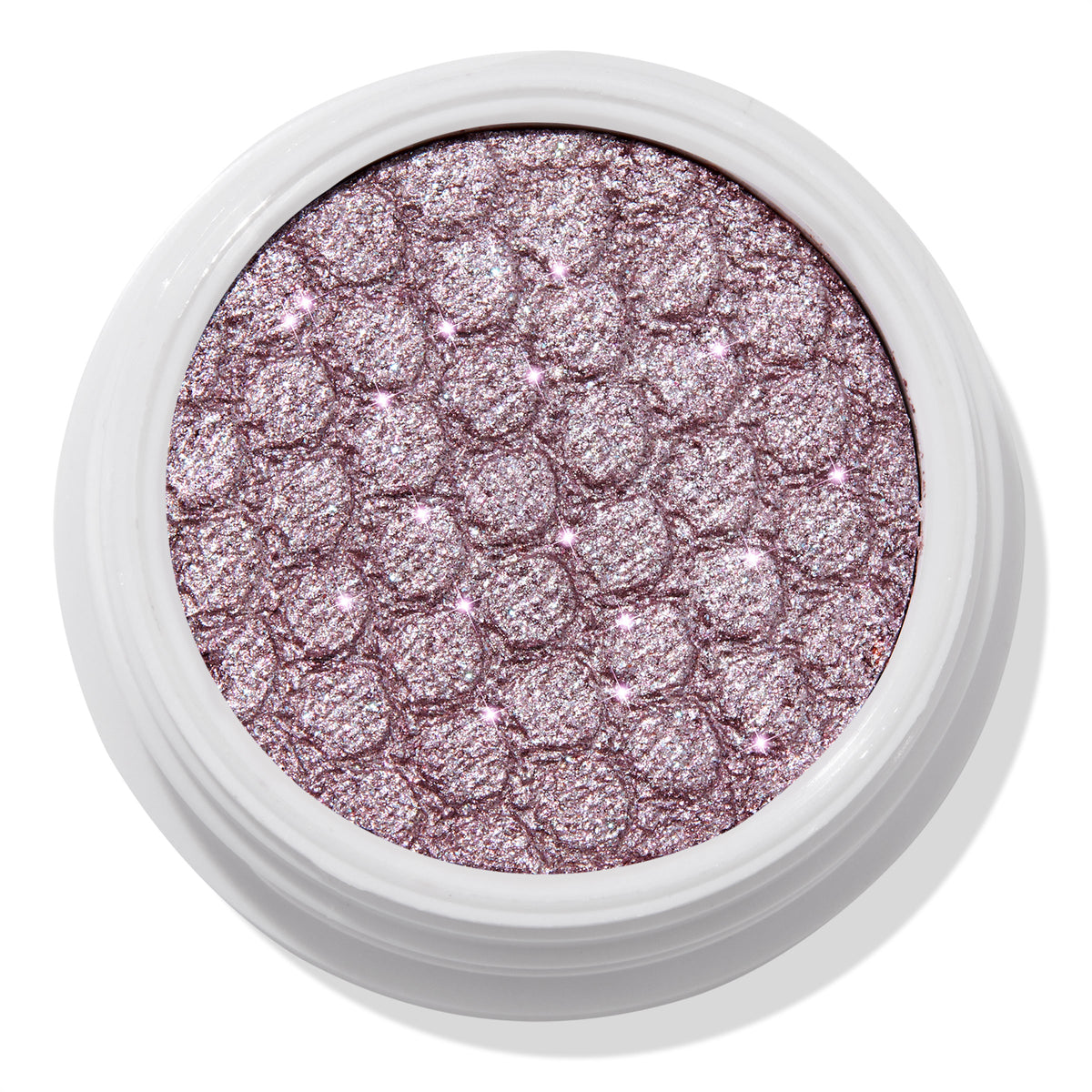 ColourPop The Griffith Super Shock Shadow eyeshadow showing a metallic cool-toned lavender-pink shimmer, pressed with a quilted honeycomb texture in a white round pot, reflecting silver sparkles for high-shine lids.