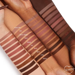 Truth or Bare Lippie Pencil arm swatches of all 10 nudes, from Cool BFF rosy taupe to Pitch chocolate brown, on three skin tones