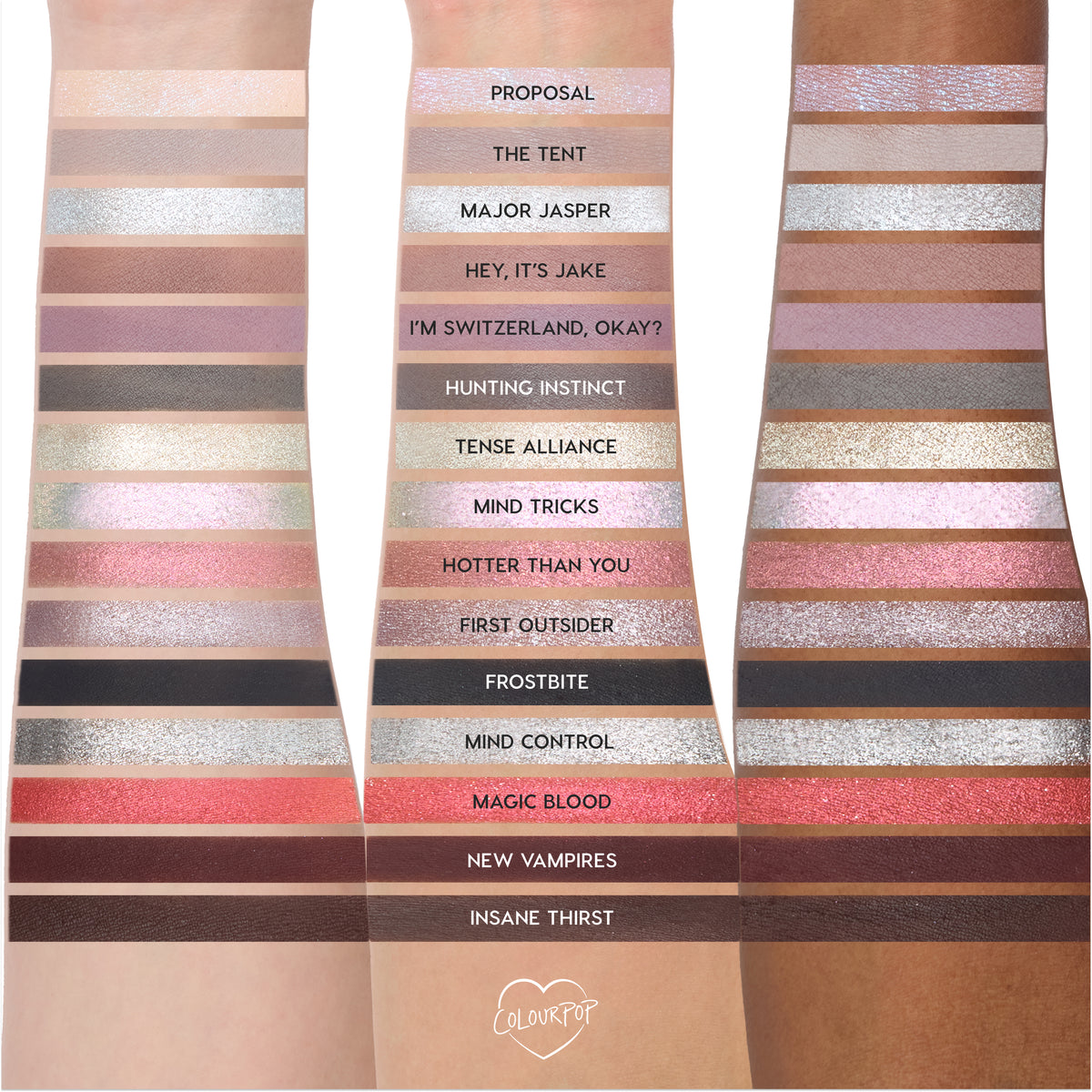 ColourPop Eternal Eclipse eye trio swatched on three skin tones, showing shimmery and matte Twilight-inspired shades like silver, taupe, rose gold, berry, and deep chocolate, arranged in labeled horizontal stripes down each arm.