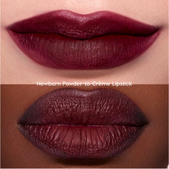 Two close-up shots of lips wearing the Just Bitten lip trio in a deep vampy berry shade, showing smooth, velvety payoff on different skin tones, promoting the Twilight-inspired lipstick finish for US beauty lovers.