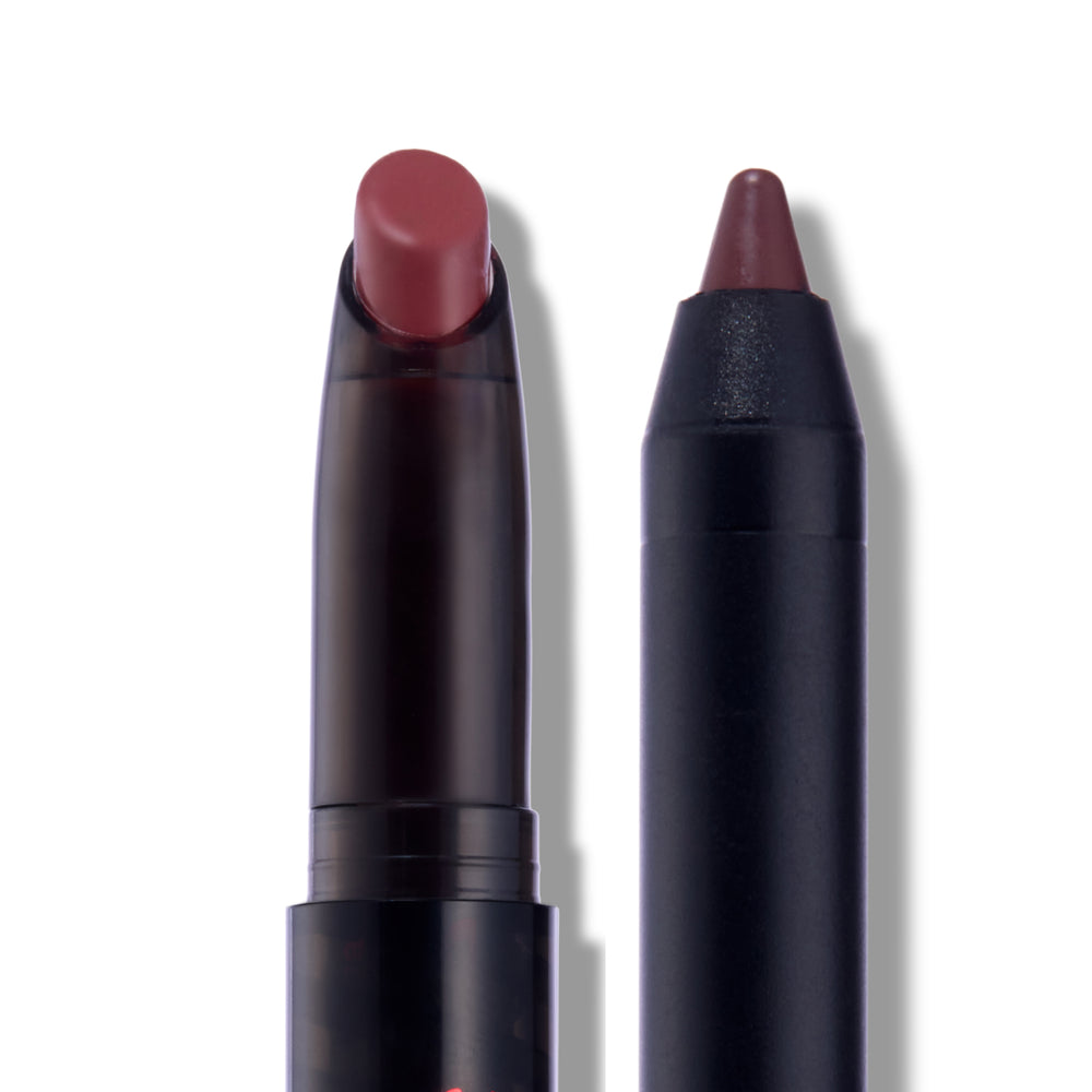 New Love Lippie Stix from the Twilight collection shown uncapped in close-up, creamy rose-mauve lipstick bullet and matching crayon tip standing upright against a clean white background for detailed product view.