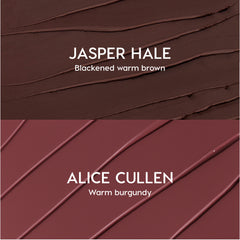 ColourPop New Love Lippie Stix swatched in two Twilight-inspired shades, Jasper Hale in blackened warm brown and Alice Cullen in warm burgundy, shown as creamy lipstick streaks on a split background for comparison.