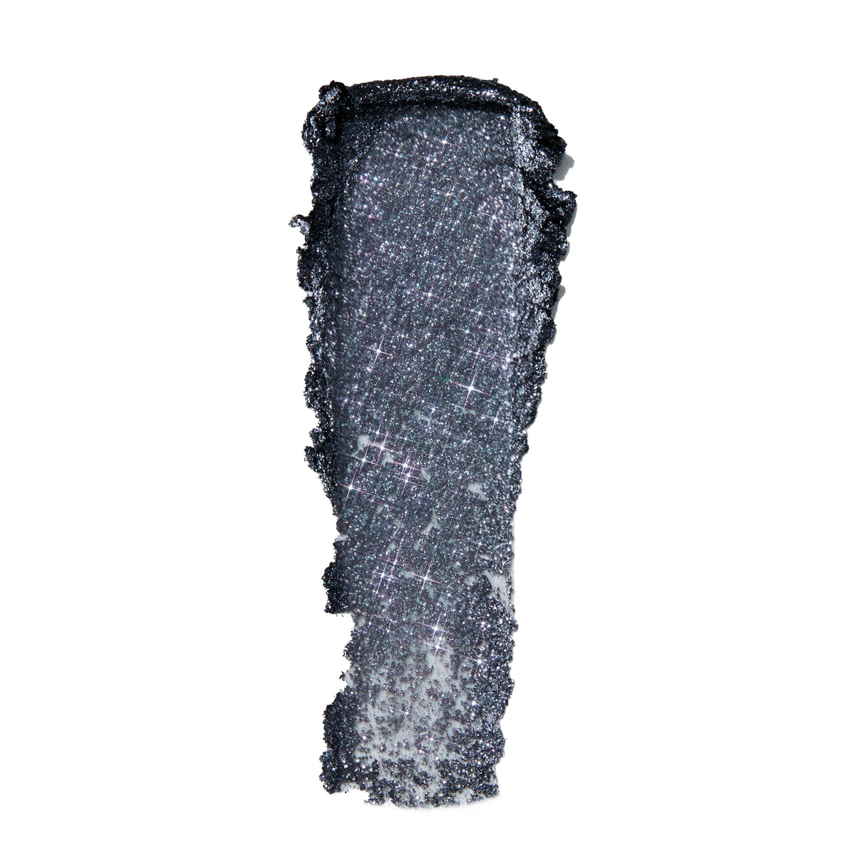 Swatch of ColourPop Twilight collection Jelly Much Shadow in Newborn Army, a deep charcoal gray cream eyeshadow packed with silver and multicolor sparkle, shown in a single thick streak on a clean white background.