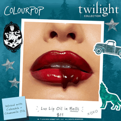 High-shine red lips showcase ColourPop Lux Lip Oil in Bells, gloss dripping from the lower lip; Twilight Collection promo background with wolf and truck graphics highlights infusion of calendula and chamomile oils, $11.