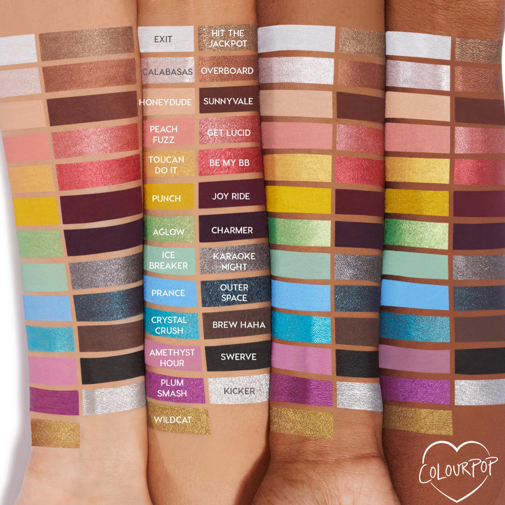 Charmer Crème Gel Liner swatch, a rich plum purple stripe, shown on diverse forearms alongside labeled shades to highlight color payoff and shade depth from the ColourPop Crème Gel Liner lineup.