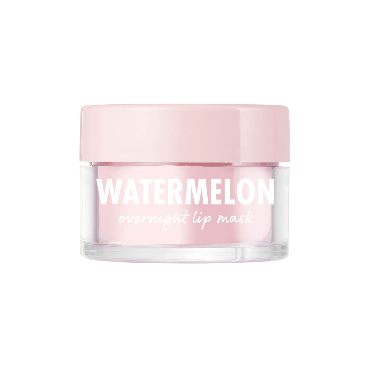 ColourPop Watermelon Lip Mask shown in a small clear glass jar with a pale pink lid, the light pink overnight formula labeled “WATERMELON” in white, sitting centered against a clean white background.