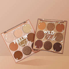 Two ColourPop 9-pan eyeshadow palettes - Feelin’ Toasty and Wild Child - fan open to reveal warm brown and bronze mattes and shimmers on a tan backdrop; Feelin Wild Shadow Palette Set, a ColourPop Shadow Palette Set for neutral glam looks.
