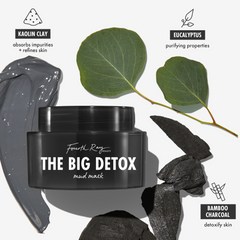 Black jar of Fourth Ray Beauty The Big Detox Mud Mask, a ColourPop Face Mask, centered with a glossy gray kaolin clay smear, eucalyptus leaves, and bamboo charcoal pieces, highlighting purifying, pore‑refining detox treatment for facial skin.