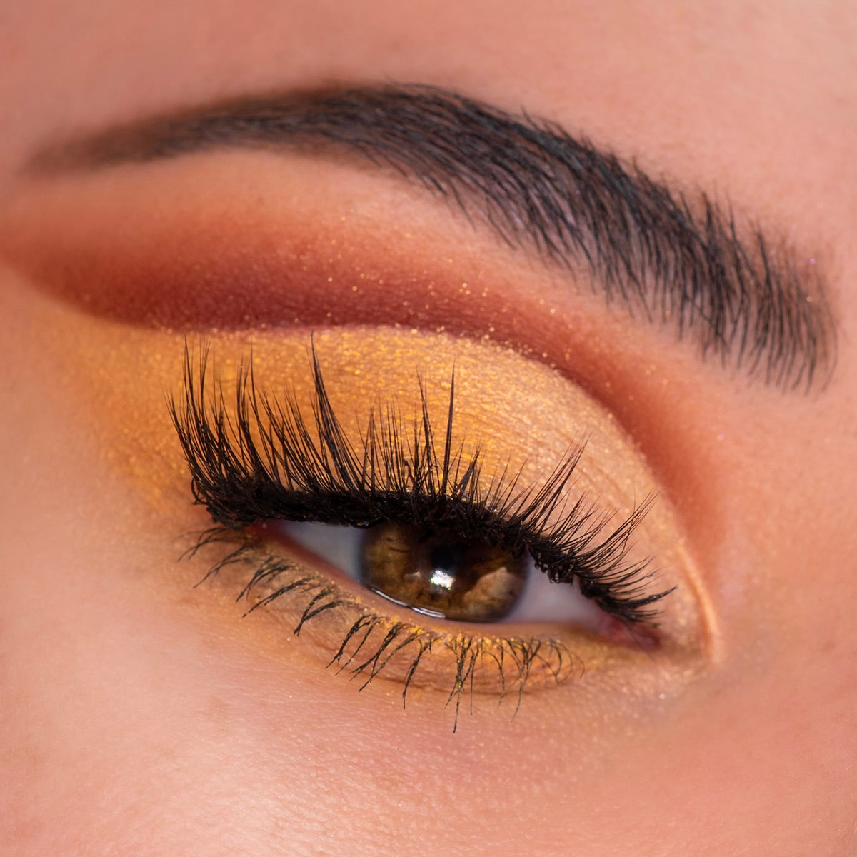 Shimmering honey-gold eyelid with a burnt-orange crease and long lashes, showcasing the Sweet as Hunny ColourPop Eye & Lip Set; warm golden glitter and a defined brow in a close-up beauty shot for radiant, everyday glam.