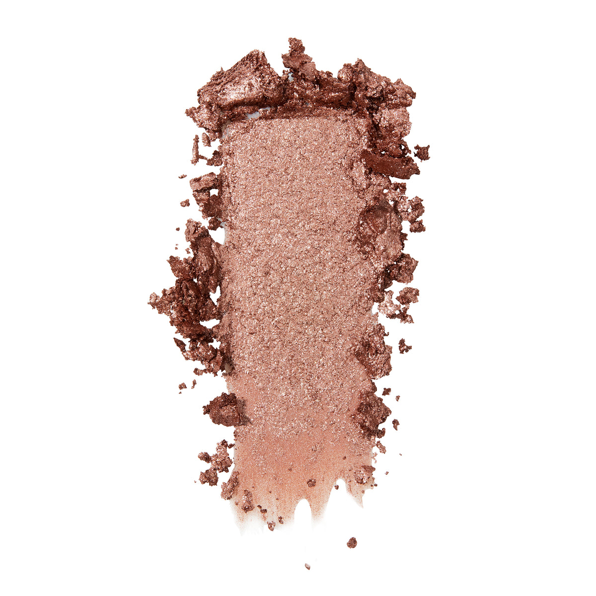 ColourPop Sequin Super Shock Shadow swatch streaking across white background, a warm rose-gold copper eyeshadow with fine glitter, richly pigmented and slightly crumbled along the edges.