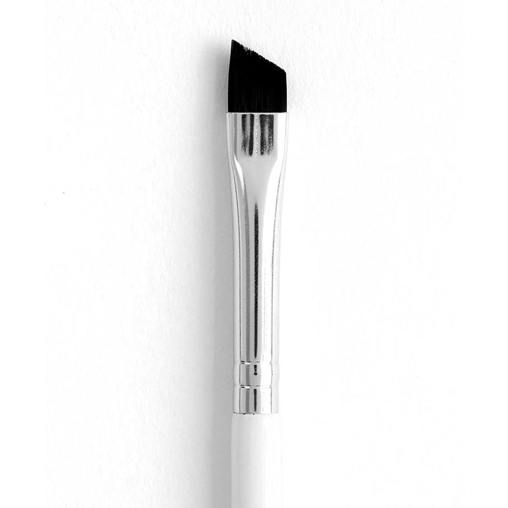 ColourPop Angled Eye Brush showcasing firm black angled bristles for precise eyeliner and brow definition, with a shiny chrome ferrule and white handle, close-up on a white background.
