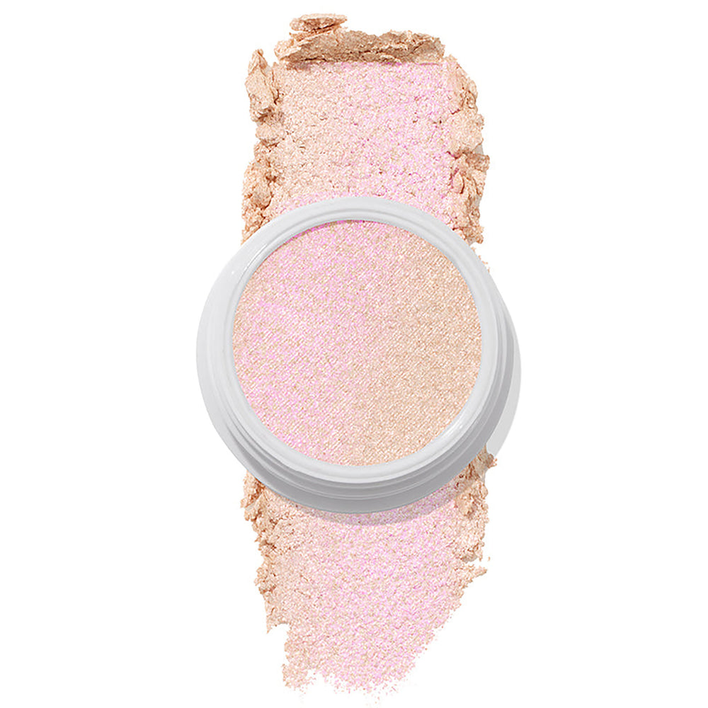 ColourPop Felicity Super Shock Highlighter displays a champagne, pink-shift shade in a white pot, the cream-to-powder formula catching light over a matching soft swatch on a clean white background.