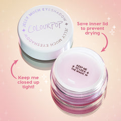 ColourPop Jelly Much Shadow in Emo Inside sits open with its white outer lid and inner sealing lid visible, revealing a shimmery lilac gel formula while advising to keep the jar tightly closed and save the insert to prevent drying.