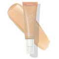 Tube of ColourPop Pretty Fresh Tinted Moisturizer, shade Light 5 N, with a white pump and peach cap, set over a light neutral beige swatch; Pretty Fresh script and hyaluronic acid callout on a clean white background.