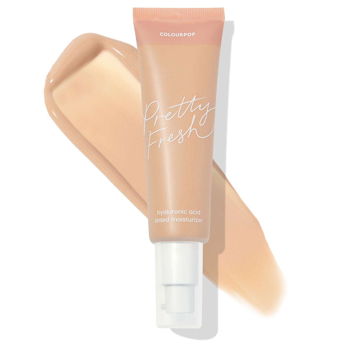 ColourPop Pretty Fresh Tinted Moisturizer in Light 8 N angled over a creamy beige swatch, white pump cap and matte peach tube visible, highlighting hyaluronic acid tinted moisturizer packaging on a clean white background.