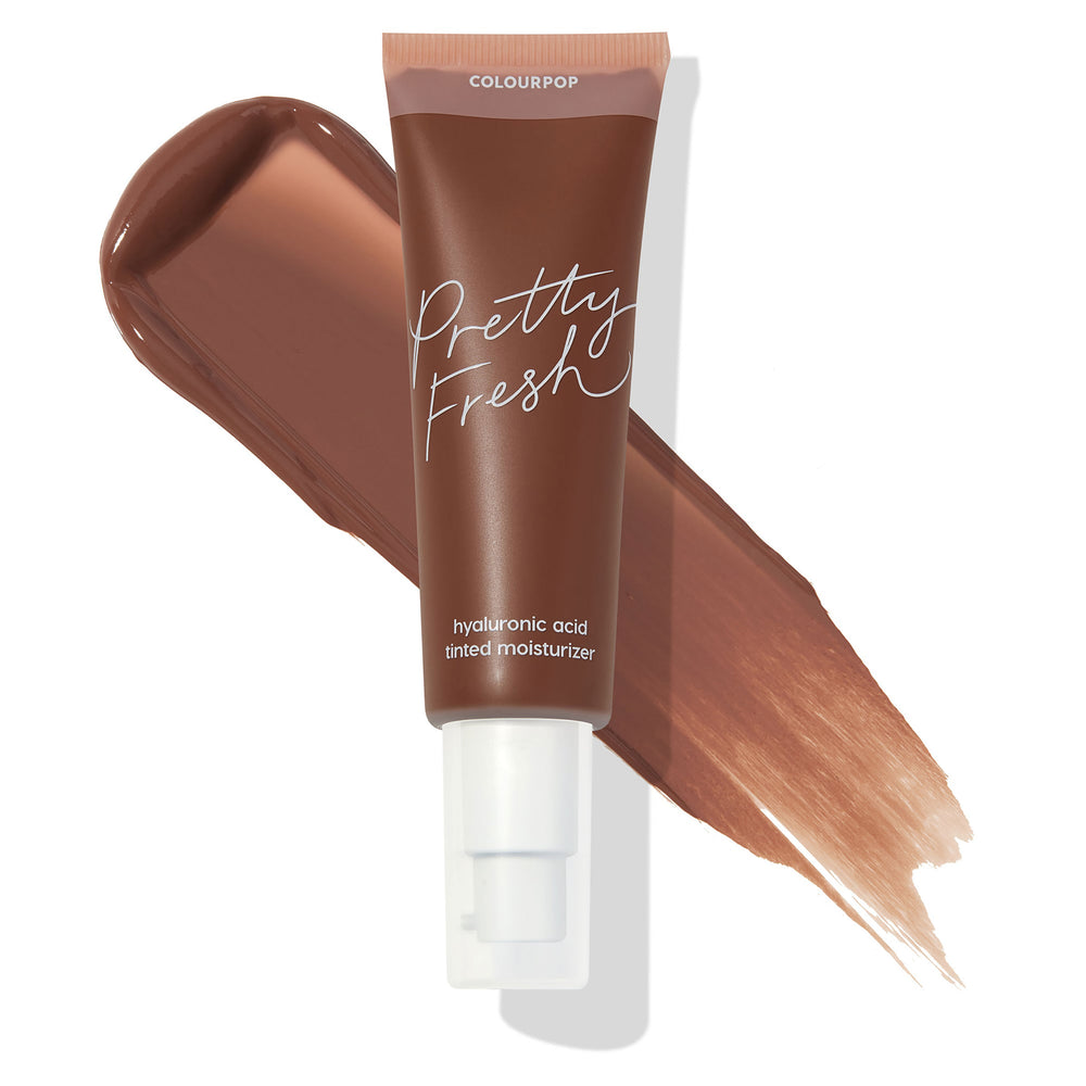 ColourPop Pretty Fresh Tinted Moisturizer tube in Deep Dark 22 N (neutral deep) with hyaluronic acid sits over a cocoa-brown swatch on white, highlighting the shade and pump-top packaging for lightweight, hydrating coverage.
