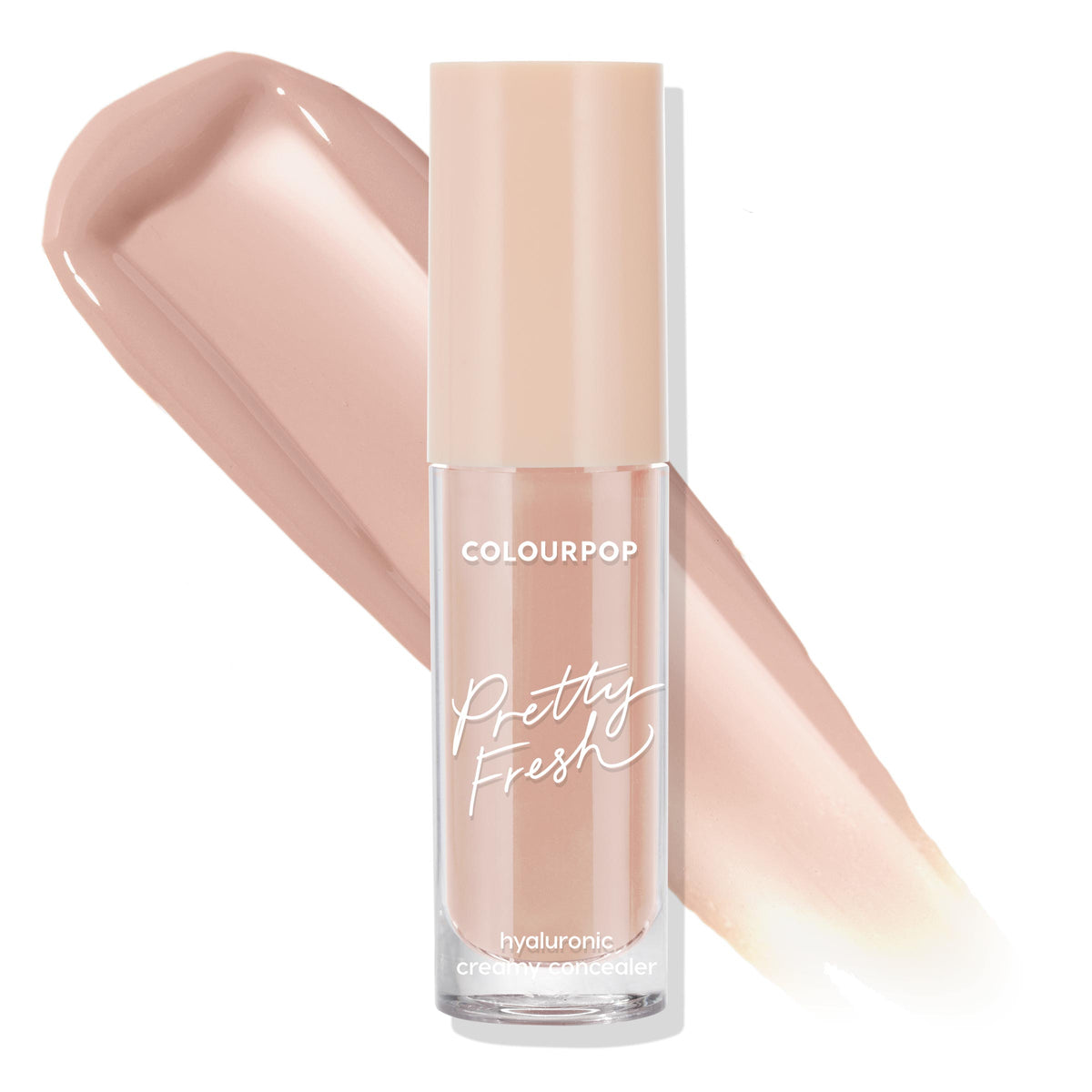 ColourPop Pretty Fresh Creamy Concealer in Light 33 C stands upright with a beige cap, while smooth peach‑beige swatches sweep behind on a white backdrop, highlighting the hydrating hyaluronic formula and medium coverage.