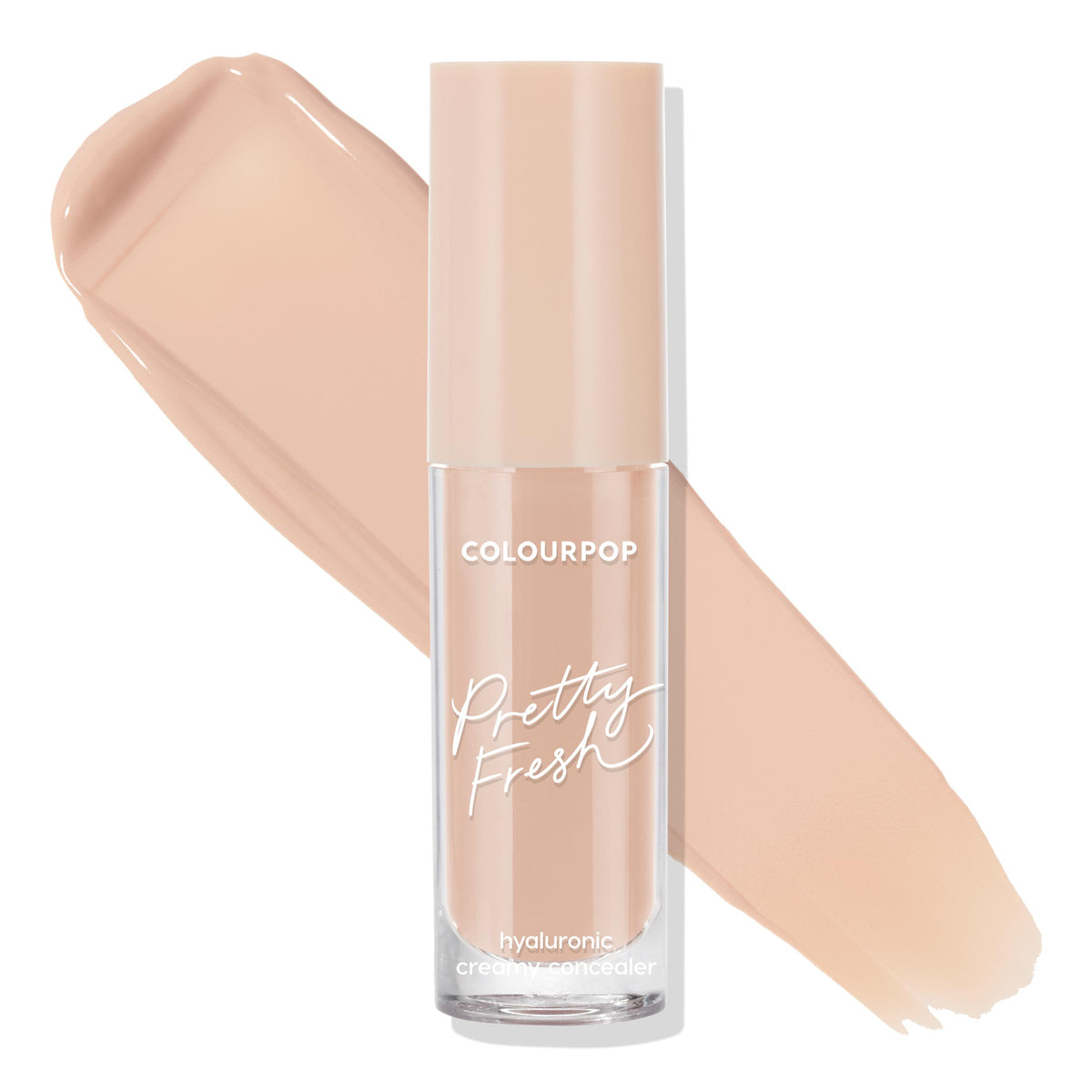 ColourPop Pretty Fresh Creamy Concealer in Medium 85 N standing upright, clear tube with beige cap, shown with two light‑neutral swatches to display shade on a white background, hyaluronic formula for hydrating coverage.