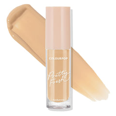 ColourPop Pretty Fresh Creamy Concealer in Medium 90 W stands upright, revealing its hydrating hyaluronic formula; clear tube with blush-pink cap set against two wide warm medium beige swatches on a white background.