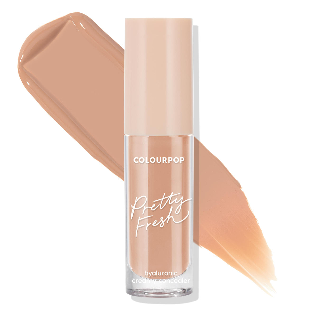 ColourPop Pretty Fresh Creamy Concealer in Medium Dark 113 C stands upright as warm medium‑dark beige swatches sweep behind it on a white background, highlighting the hyaluronic creamy formula and clear tube with nude cap.