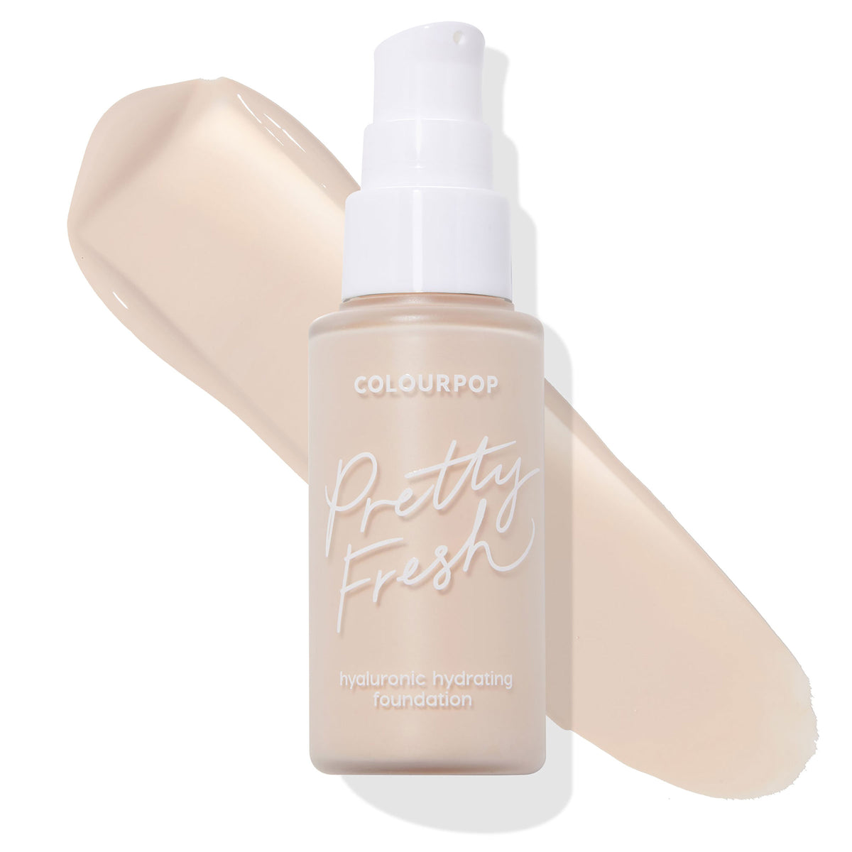 ColourPop Hyaluronic Hydrating Foundation, Pretty Fresh shade Fair 03 C, shown in a frosted pump bottle with white cap, standing over a cool fair beige swatch on a white background.