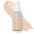 ColourPop Pretty Fresh Hyaluronic Hydrating Foundation bottle in shade Fair 15 W stands upright with a white pump and frosted finish, set over a creamy fair‑beige swatch on white; ColourPop Hyaluronic Hydrating Foundation.