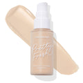 ColourPop Hyaluronic Hydrating Foundation (Pretty Fresh) bottle with white pump in shade Fair 25 W, shown upright over a light warm-beige swatch on a white background.