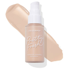 Pretty Fresh frosted pump bottle of ColourPop Hyaluronic Hydrating Foundation in Fair 30 N, shown front-facing with a neutral fair beige swatch swept behind on a clean white background.