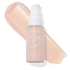 ColourPop Hyaluronic Hydrating Foundation, Pretty Fresh shade Light 33 C, pump bottle standing over a creamy light-beige swatch on a white background, showcasing the hydrating formula and frosted packaging.
