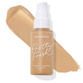 ColourPop Pretty Fresh Hyaluronic Hydrating Foundation bottle with white pump in Medium 100 W, a warm medium beige; smooth product swatch behind on white background; ColourPop Hyaluronic Hydrating Foundation for hydrating coverage.