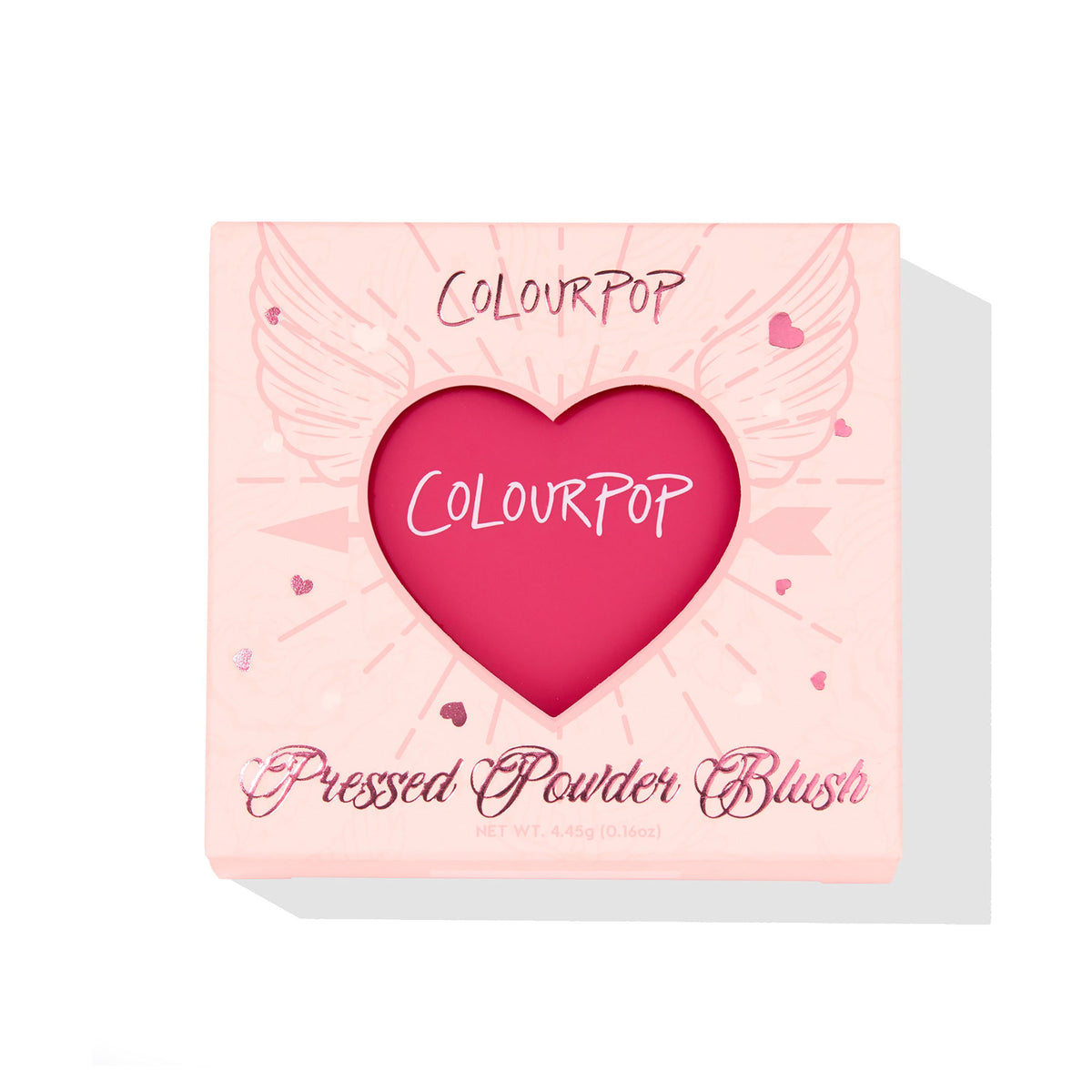 ColourPop Pressed Powder Blush in Text Me showcased in a blush‑pink compact, heart‑shaped window revealing a vibrant fuchsia pan, wing and heart graphics on the box, 4.45 g/0.16 oz, set on a white background.
