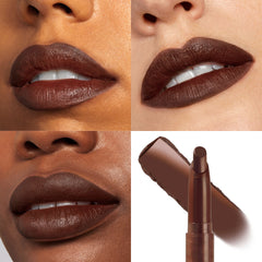 ColourPop Lippie Stix Pitch coats lips in a rich deep chocolate brown; three close-up lip swatches across different skin tones show creamy, full-coverage color, alongside the lipstick bullet and a smeared swatch for payoff reference.
