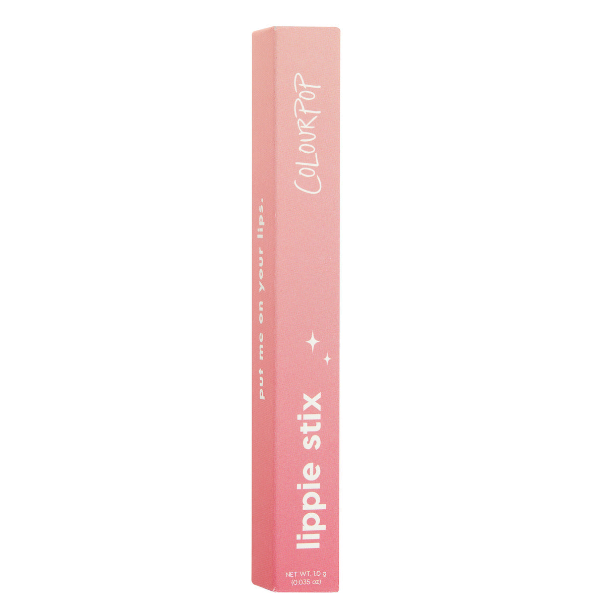 ColourPop Lippie Stix in Pitch, product box standing upright, pink gradient packaging with white “lippie stix” text and ColourPop branding, net wt. 1.0 g (0.035 oz), shown on a clean white background.