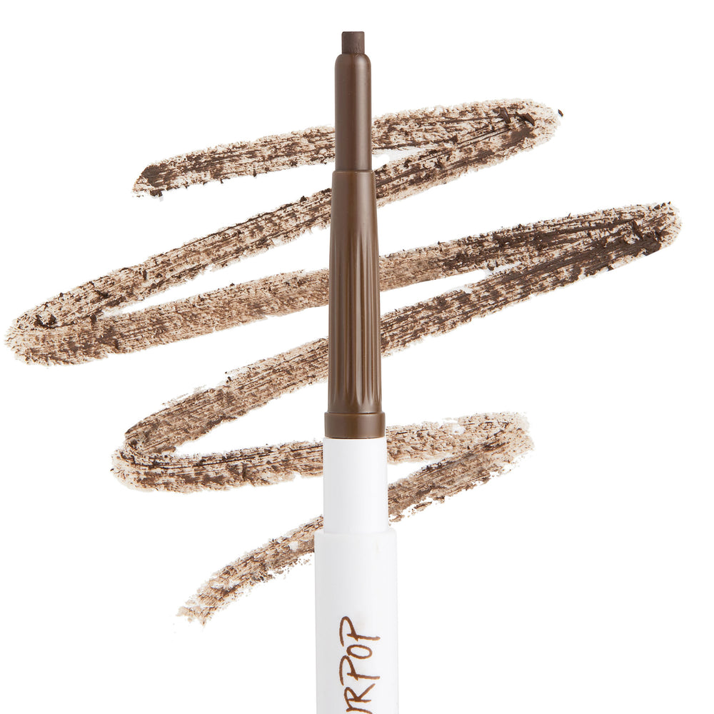 ColourPop Bangin' Brunette Pencil brow pencil drawing rich brunette-brown swatch lines, showing a slim twist-up rectangular tip and white barrel on a white background for precise brow shaping and filling.