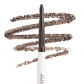 ColourPop Black N' Brown Pencil brow pencil stands upright with a retractable square tip, creating rich black-brown eyebrow swatches on a white backdrop, the white barrel and deep brown cap clearly shown.