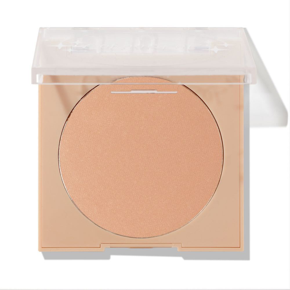 Avila Beach ColourPop Pressed Powder Bronzer in a nude square compact with a clear lid half open, revealing a large circular pan of warm tan powder; studio shot on a white background.