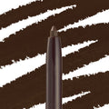ColourPop Crème Gel Liner in Brew Haha, a deep coffee-brown shade, shown with a twist-up tip in close-up against bold brown swatch strokes on white, highlighting the creamy gel tip and precise pencil format.