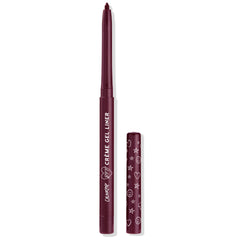 Charmer ColourPop Crème Gel Liner standing with cap off, revealing a twist-up deep burgundy tip; maroon tube reads 'Crème Gel Liner' and matching cap printed with white hearts, stars, and smiley icons on a white background.