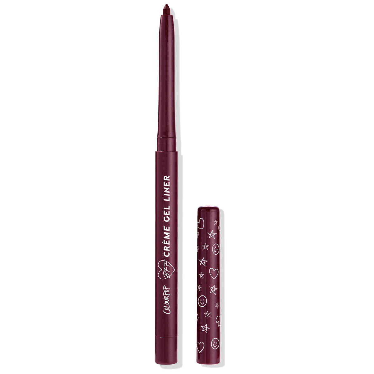 Charmer ColourPop Crème Gel Liner standing with cap off, revealing a twist-up deep burgundy tip; maroon tube reads 'Crème Gel Liner' and matching cap printed with white hearts, stars, and smiley icons on a white background.