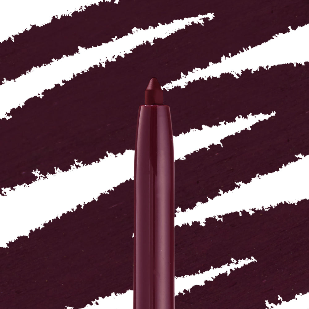 ColourPop Crème Gel Liner in Charmer shows a retractable, creamy tip in deep burgundy with a glossy plum barrel, gliding against bold wine swatches to showcase rich, long-wear eyeliner color and precise application.