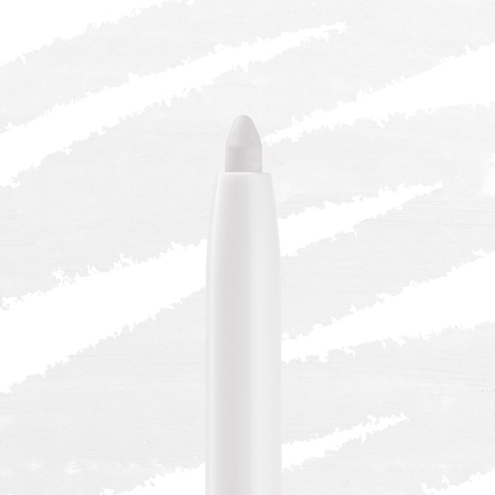 White twist-up eyeliner tip extends from a sleek white barrel, ColourPop Crème Gel Liner in Exit shade, shown close-up against a light streaked background.