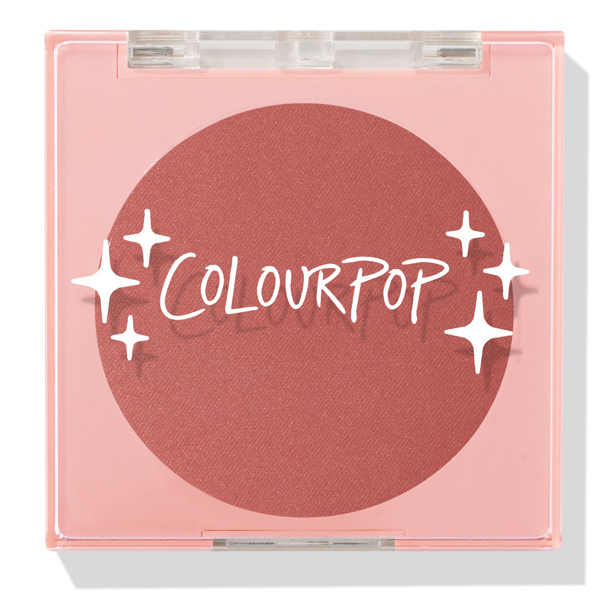 Just Cruisin’ ColourPop Pressed Powder Blush shown closed in a pink square compact with a clear lid and white sparkles logo, revealing a matte warm rose terracotta pan on a clean white background.