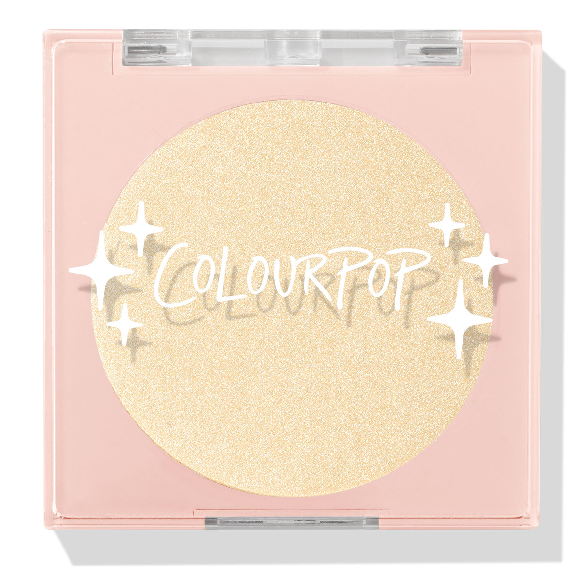 Minted pressed powder highlighter compact showcasing a shimmering champagne-gold pan, closed in a blush-pink square case with clear lid and ColourPop logo and star accents on a white background; ColourPop Pressed Powder Highlighter.