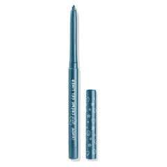 ColourPop Crème Gel Liner Outer Space shown uncapped with twist-up tip extended, metallic teal barrel labeled CREME GEL LINER and a matching cap decorated with moons, stars, and hearts, set against a clean white background.