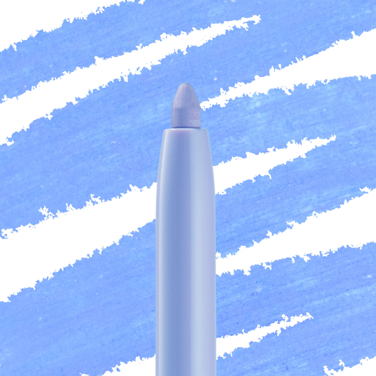 Prance Crème Gel Liner tip extends from a slim twist-up pencil, laying a pastel periwinkle swipe over diagonal blue swatches; ColourPop Crème Gel Liner delivers smooth, creamy pigment for precise waterline or winged looks.